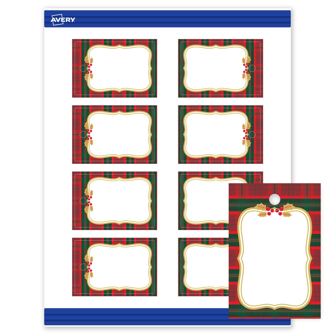 Avery Printable Tags with Sure Feed Technology, Rectangle, 2" x 3", Pre-Printed Red & Green Plaid with Metallic Gold Frame Design, Matte White, Laser & Inkjet Compatible, 80 Total